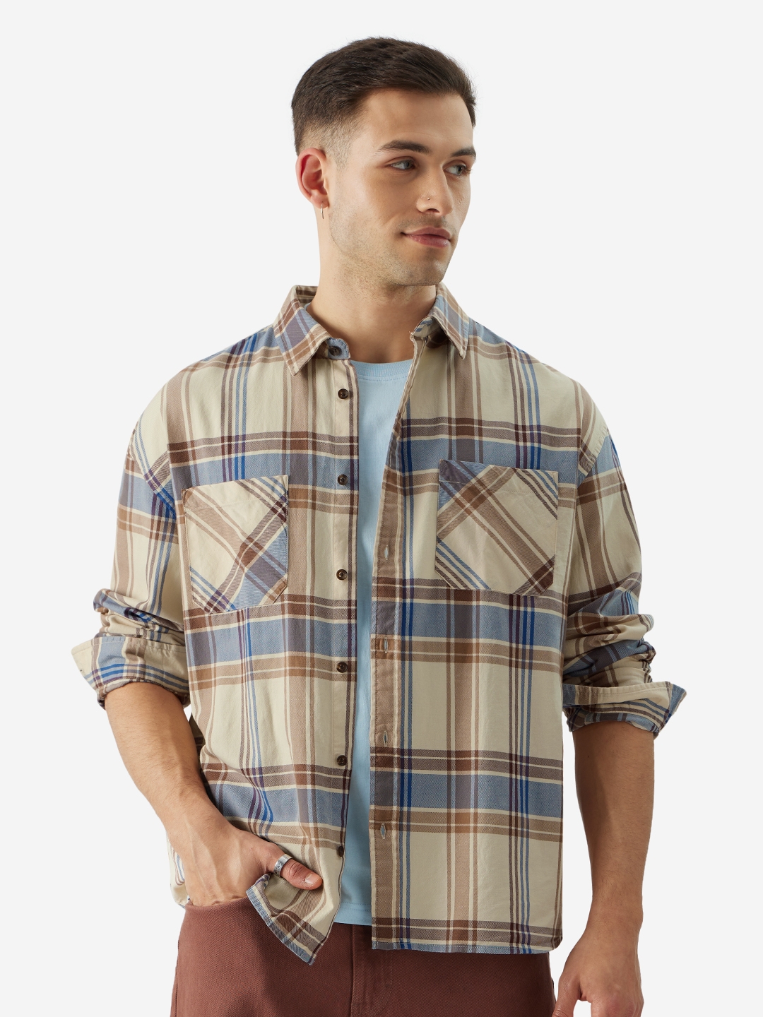 Men's Checks: Beige Men's Relaxed Shirts