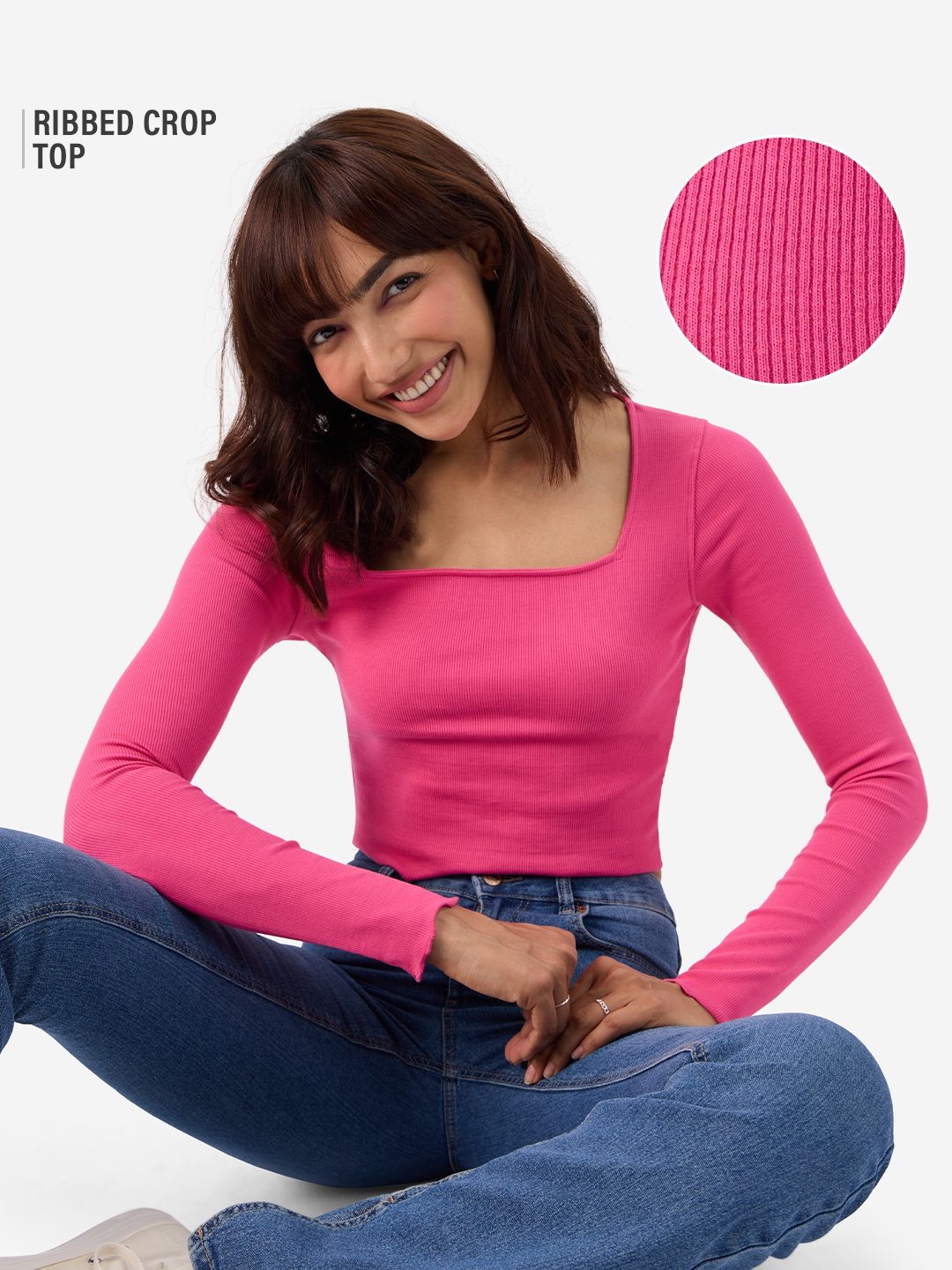 Women's Hot-Pink Ribbed Top Women's Full Sleeves Tops
