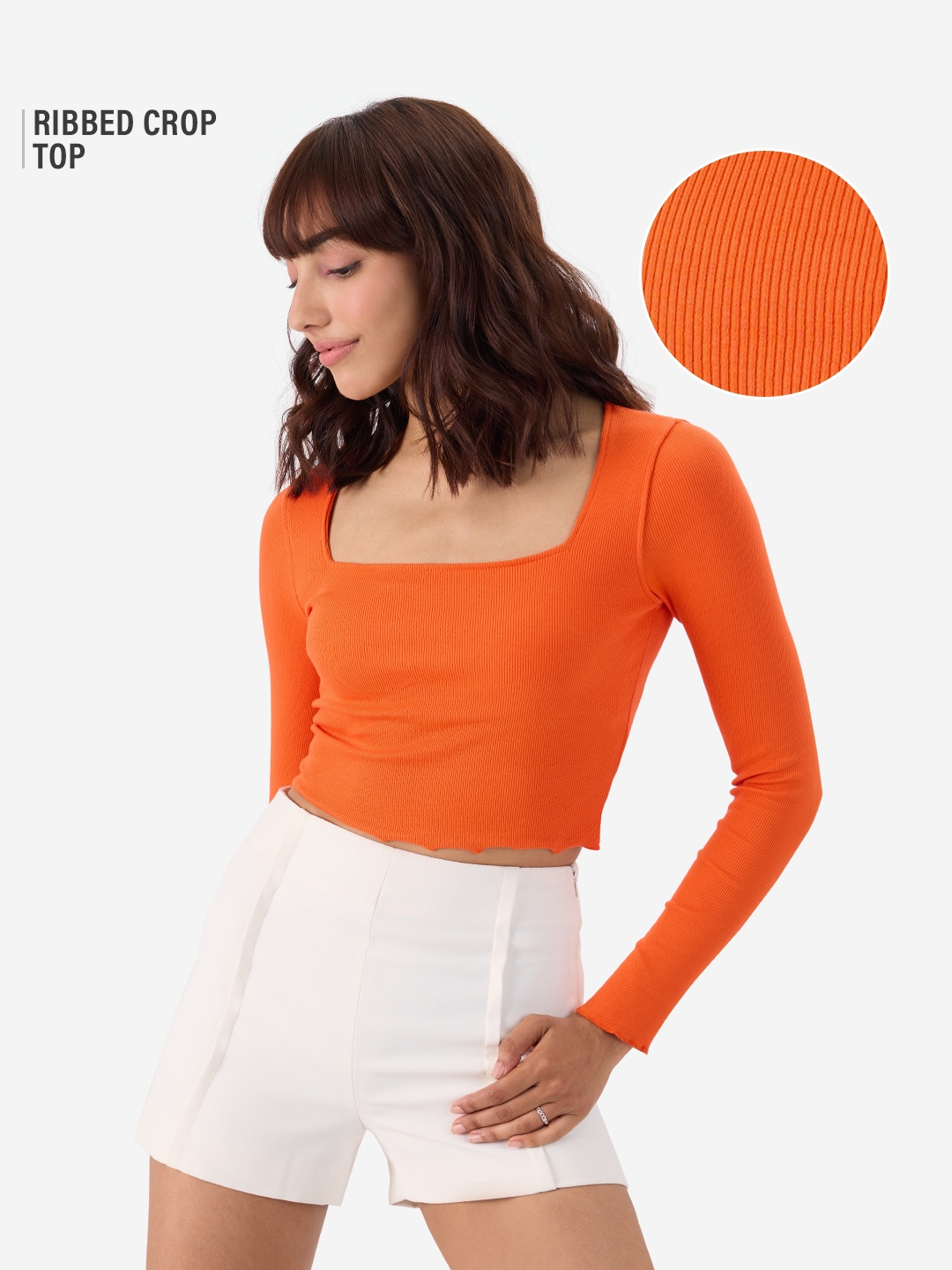 The Souled Store | Women's Flame Orange Ribbed Top Women's Full Sleeves Tops