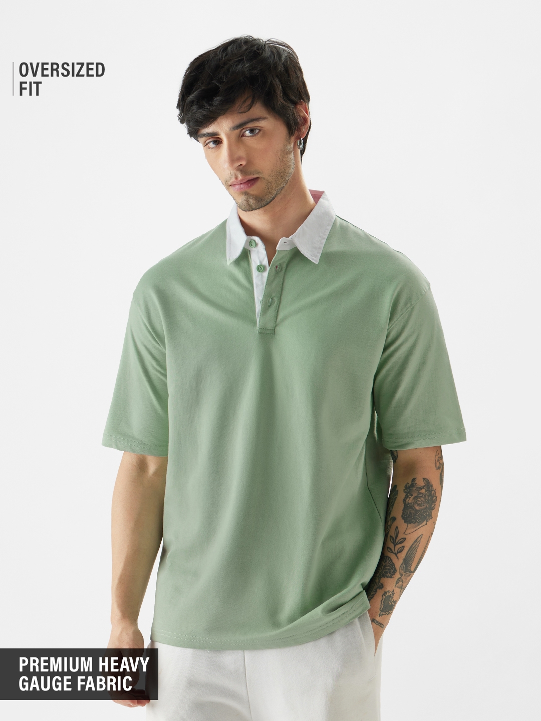 The Souled Store | Men's TSS Originals: Sage Green Oversized Polo T-Shirt