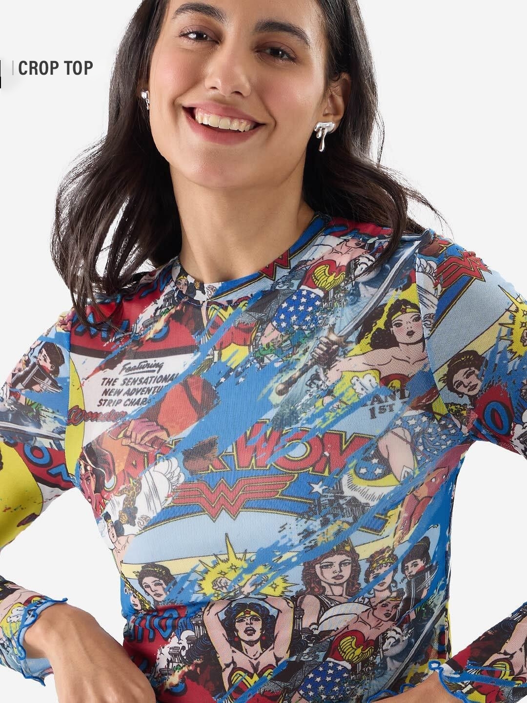 The Souled Store | Women's Mesh Top: Wonder Woman Comic Pattern Women's Cropped Tops
