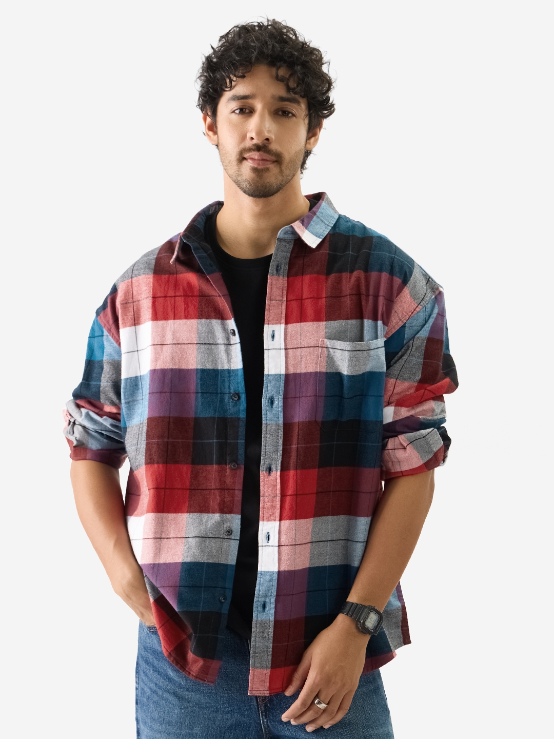 Men's Black, Blue and Red Relaxed Casual Shirt