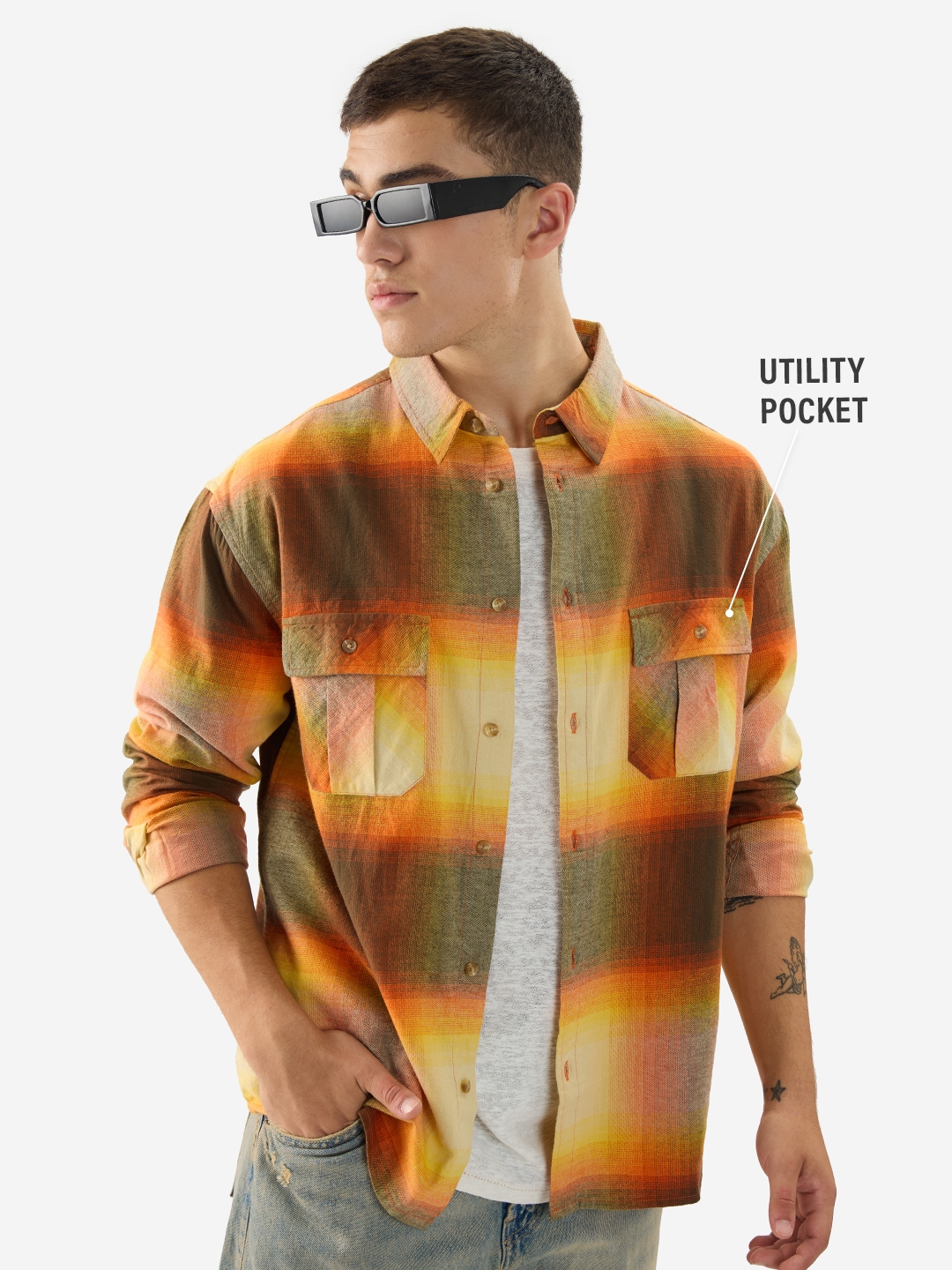 Men's Yellow, Green and Orange Utility Casual Shirt