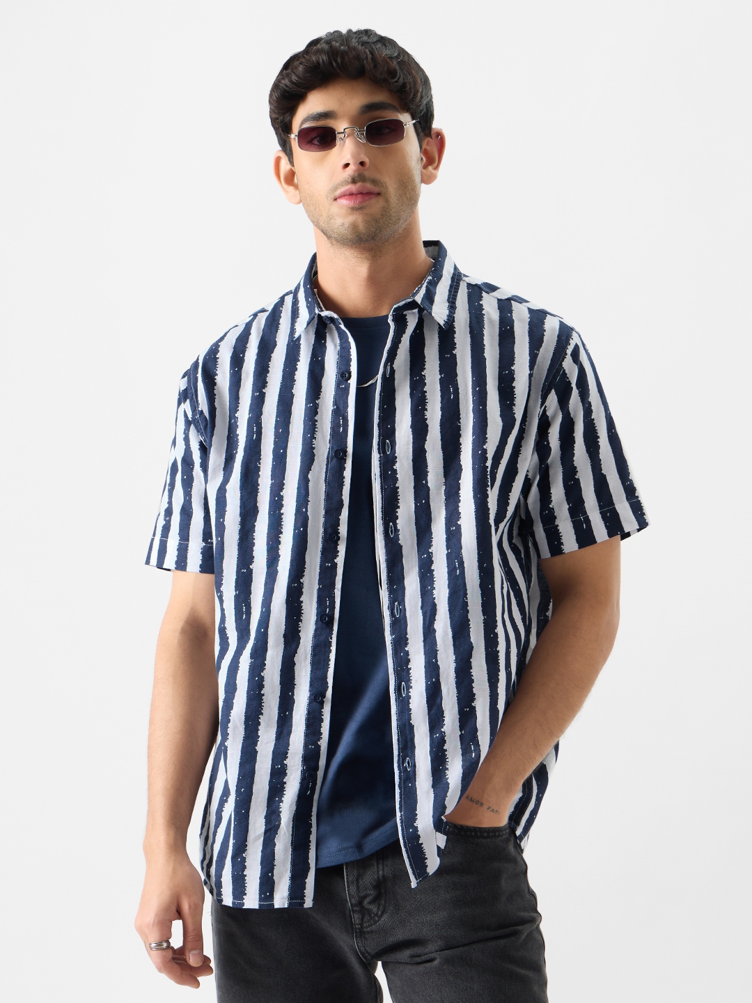 The Souled Store | Men's Stripes: Midnight Blue Summer Shirts