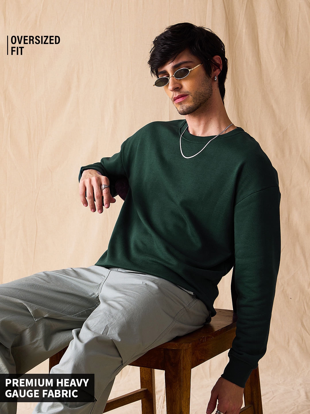 Men's Solids: Bottle Green Men's Oversized Sweatshirts