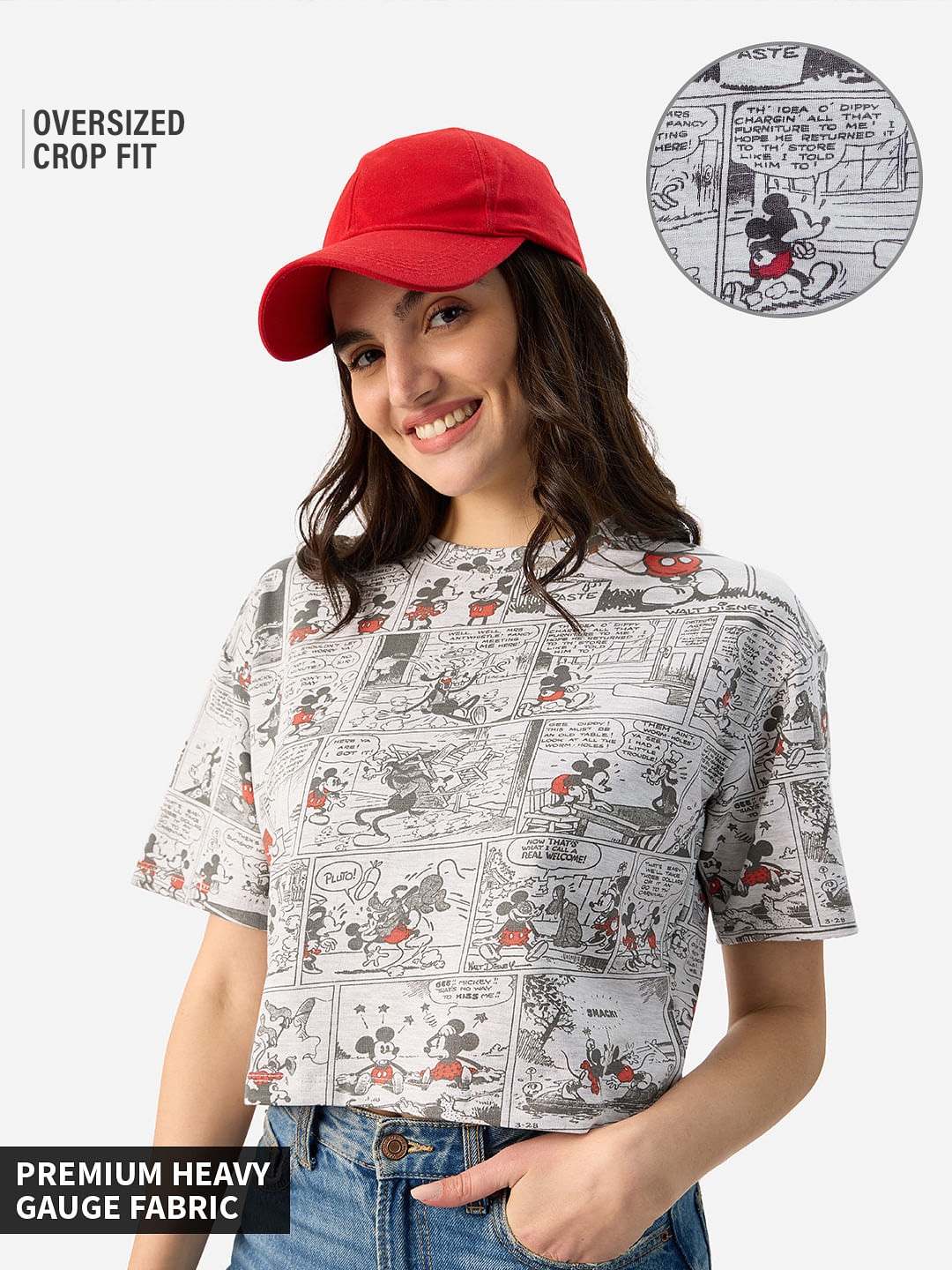 Women's Mickey Mouse: Comic Pattern Women's Oversized Cropped T-Shirt