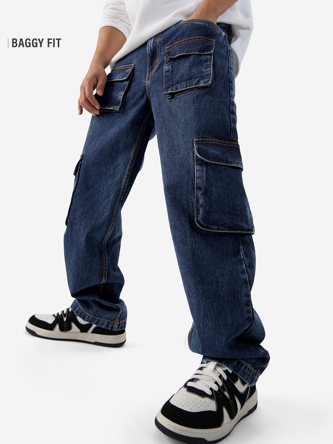 The Souled Store | Men's Solids Brady Blue Cargo Jeans