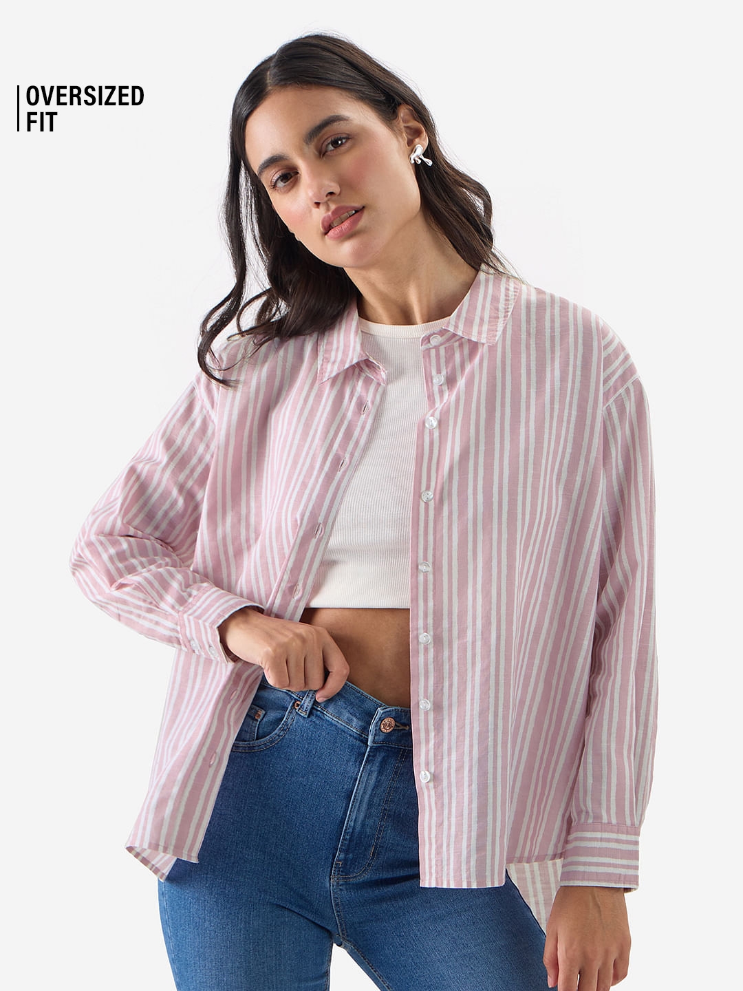 The Souled Store | Women's Solids: Coral Stripes Women's Boyfriend Shirts