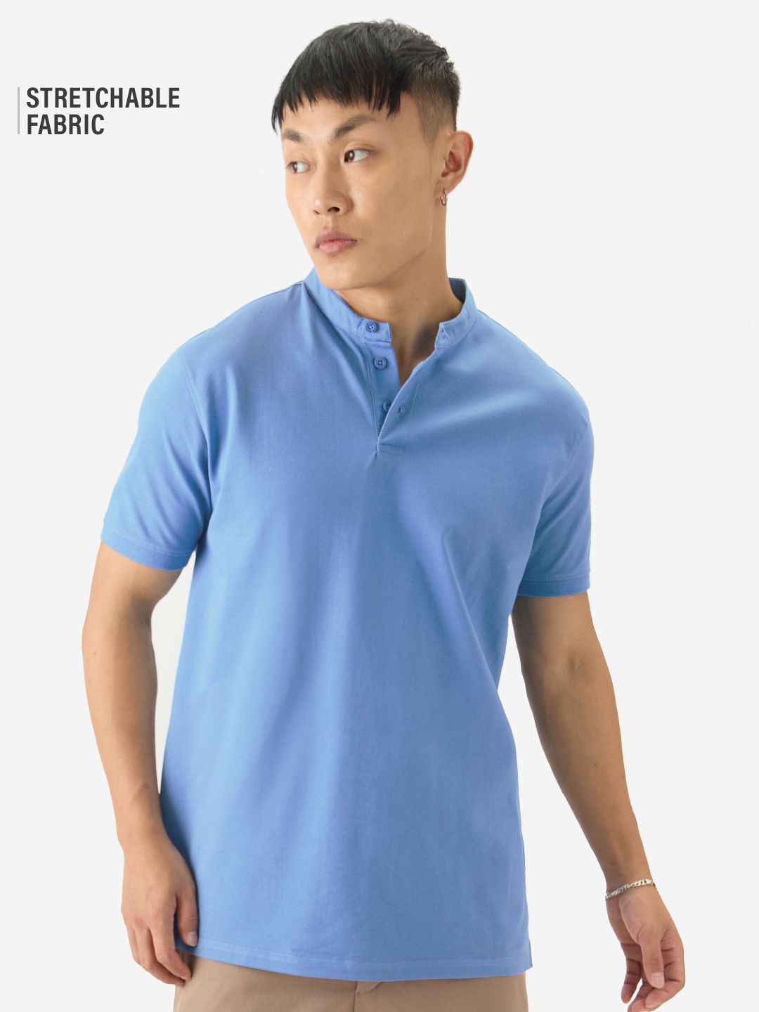 The Souled Store | Men's Solids Zen Blue Mandarin Polo T-Shirt