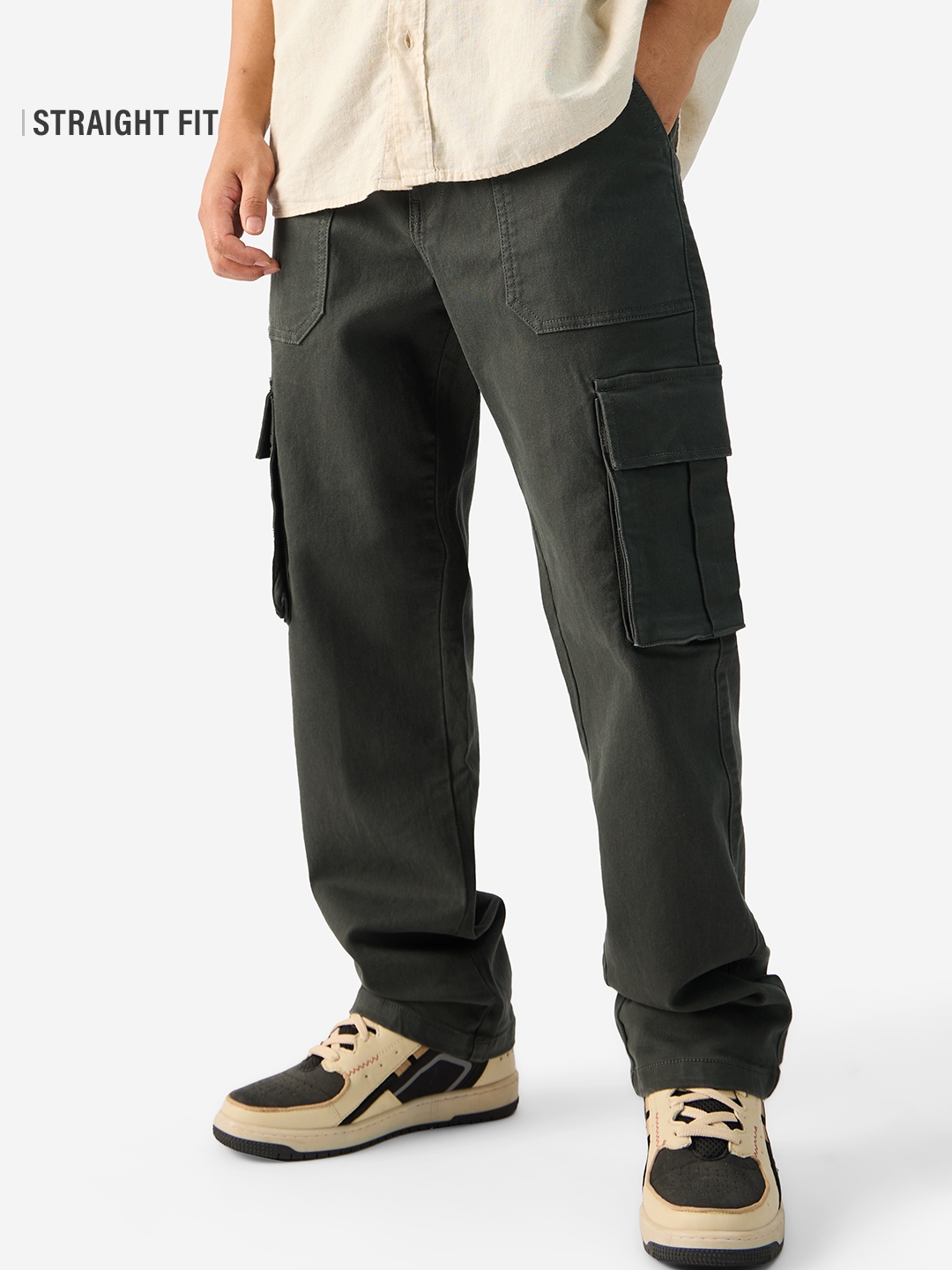 The Souled Store | Men's Solids Olive Cargo Jeans