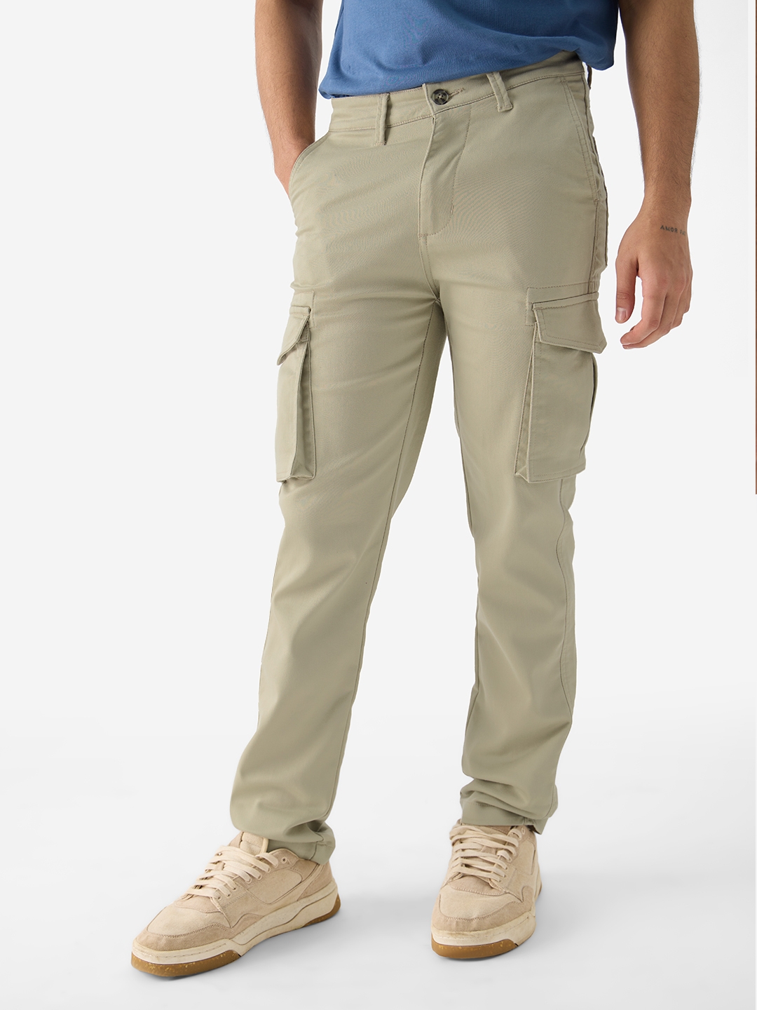 The Souled Store | Men's Solids Champagne Cargo Pants