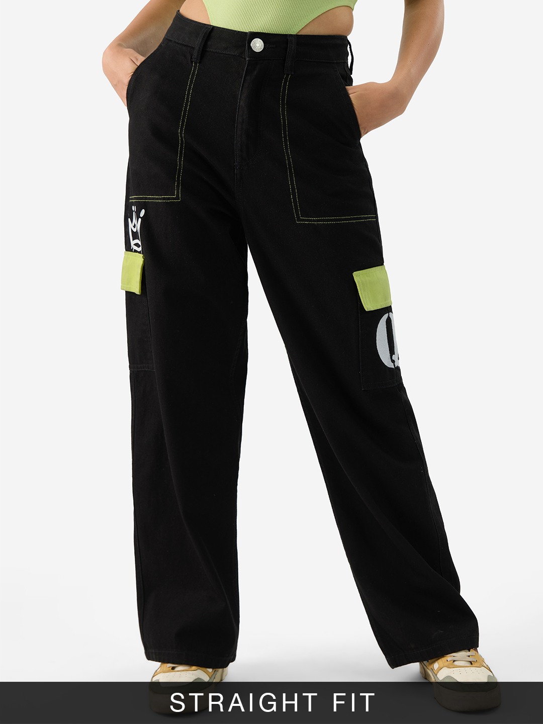 Women's Black Cotton Colourblock Cargos