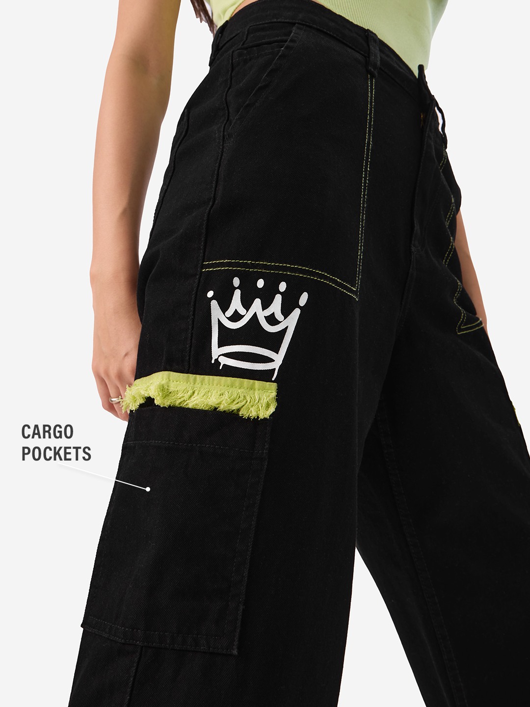 Women's Black Cotton Colourblock Cargos