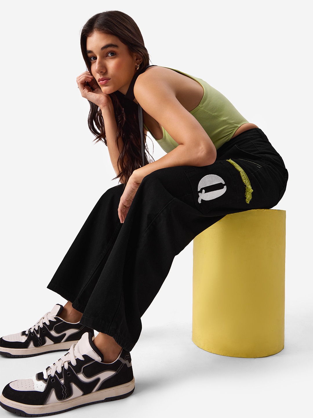 Women's Black Cotton Colourblock Cargos