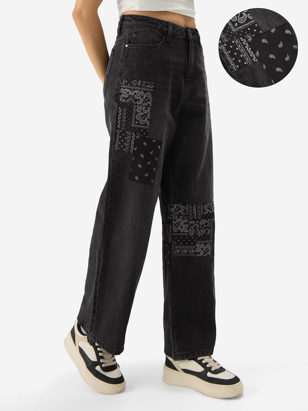 The Souled Store | Women's Denim Indie Black Patched Jeans