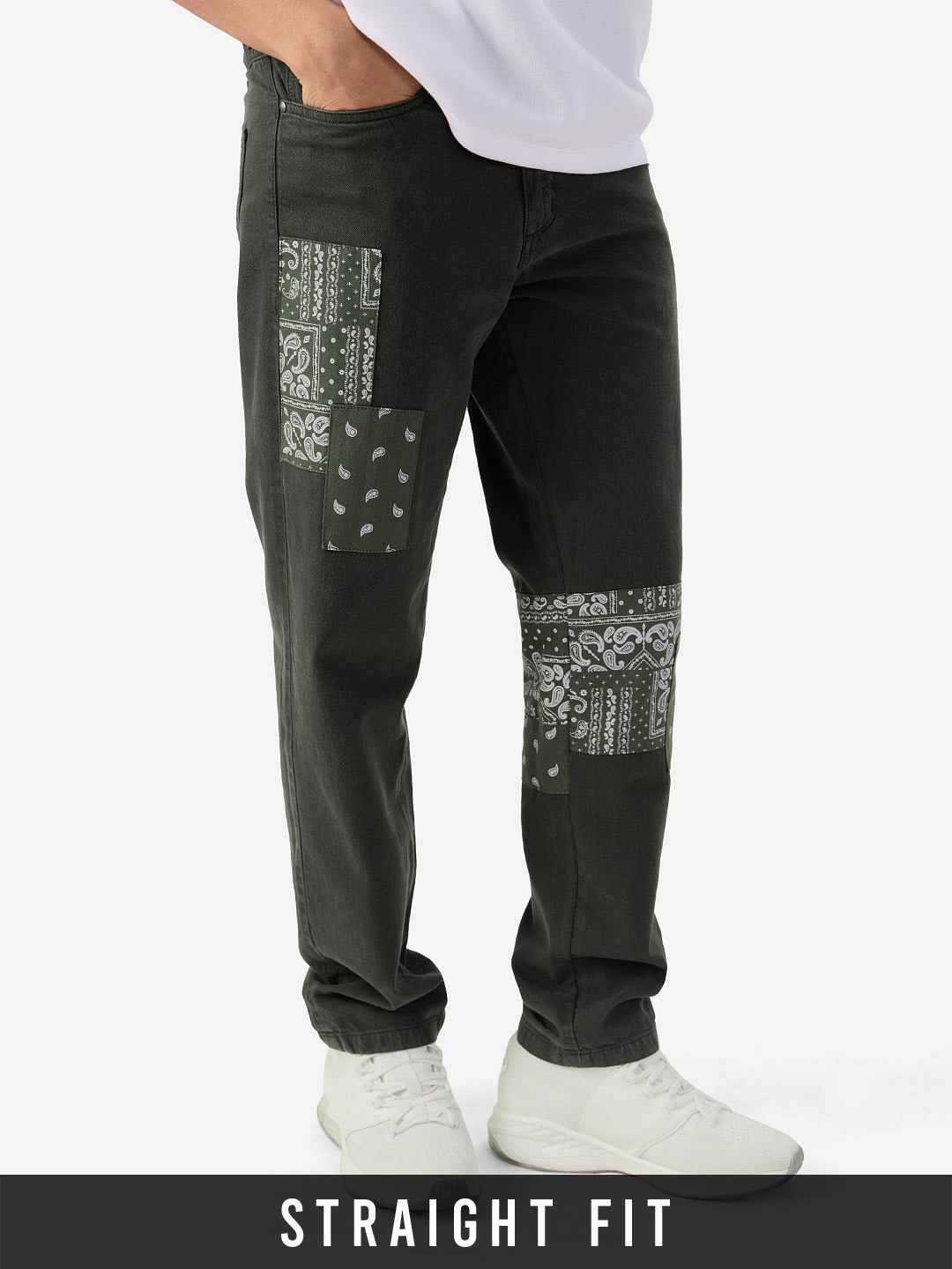 Men's Black Polycotton Printed Straight Jeans