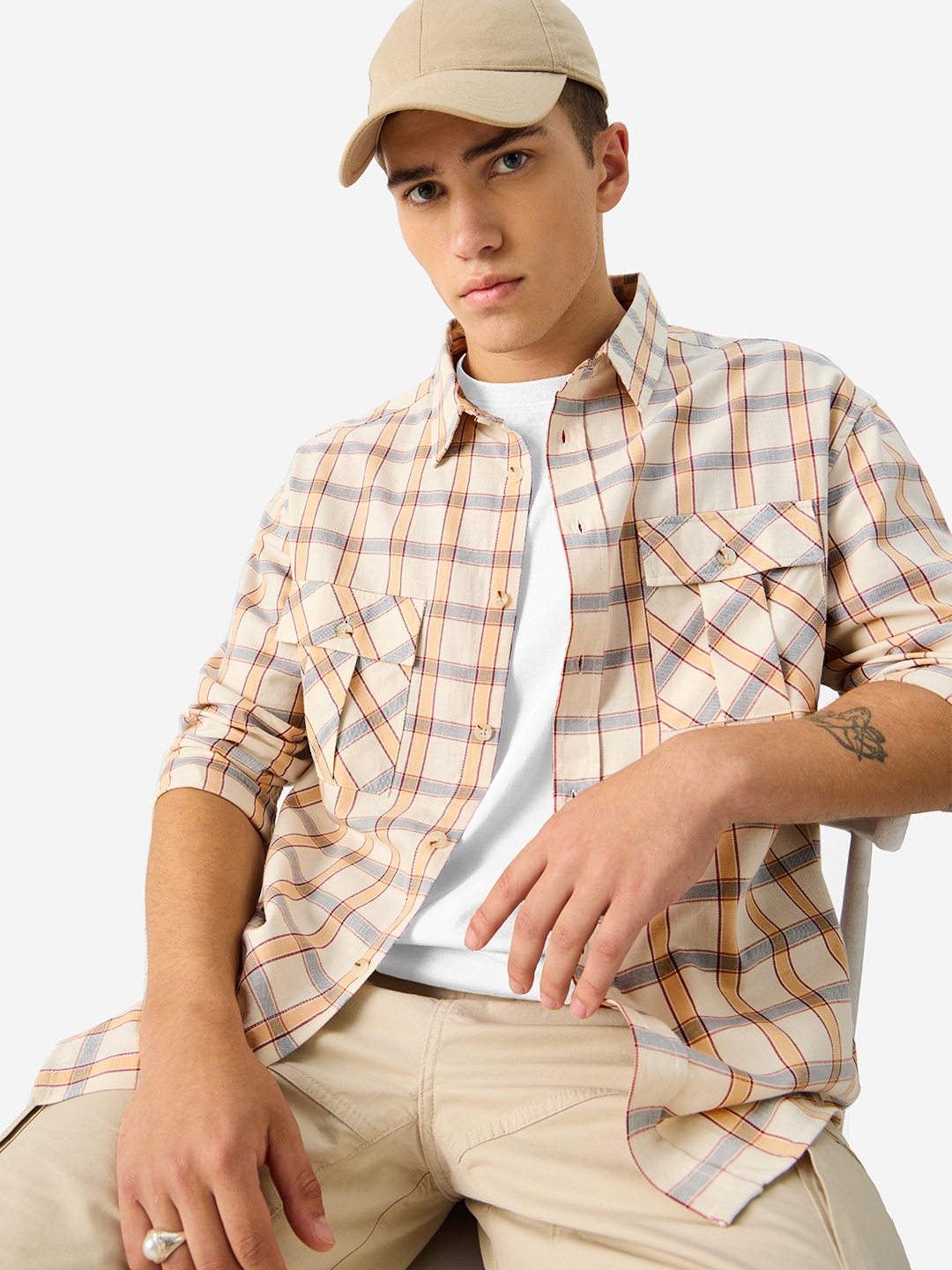 Men's Cream, Orange, Grey Utility Casual Shirt