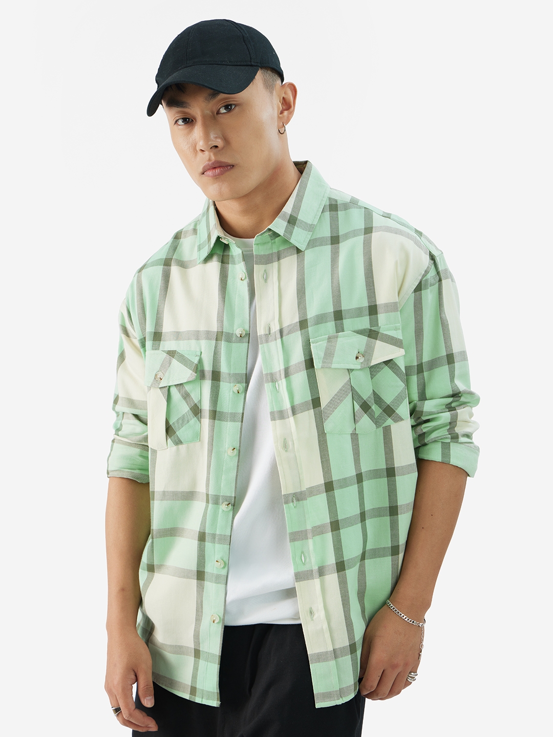 Men's Plaid: Green And White Men's Relaxed Shirts