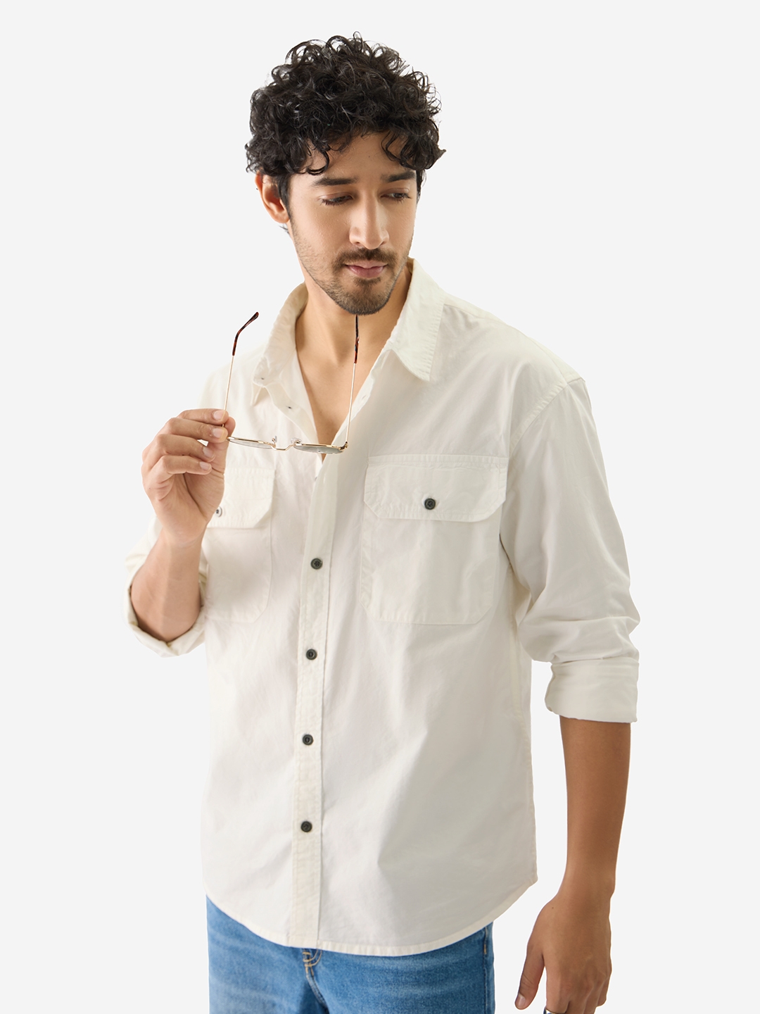 Men's Solids Off White Utility Casual Shirt