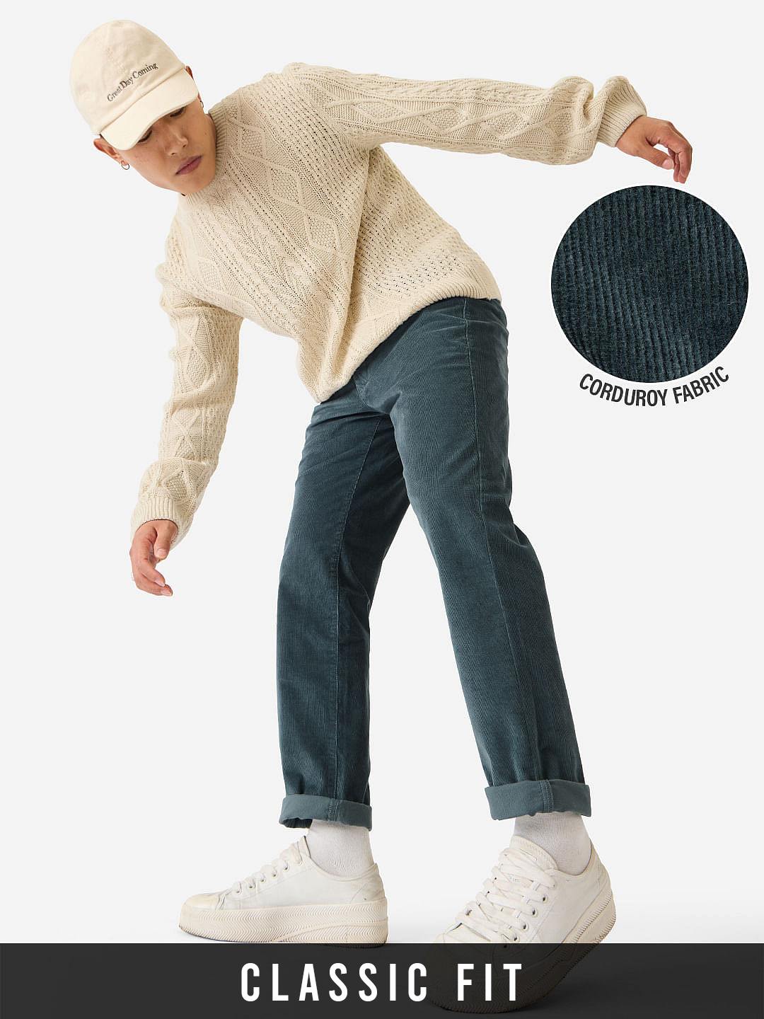 Men's Blue Cotton Blend Solid Casual Pants