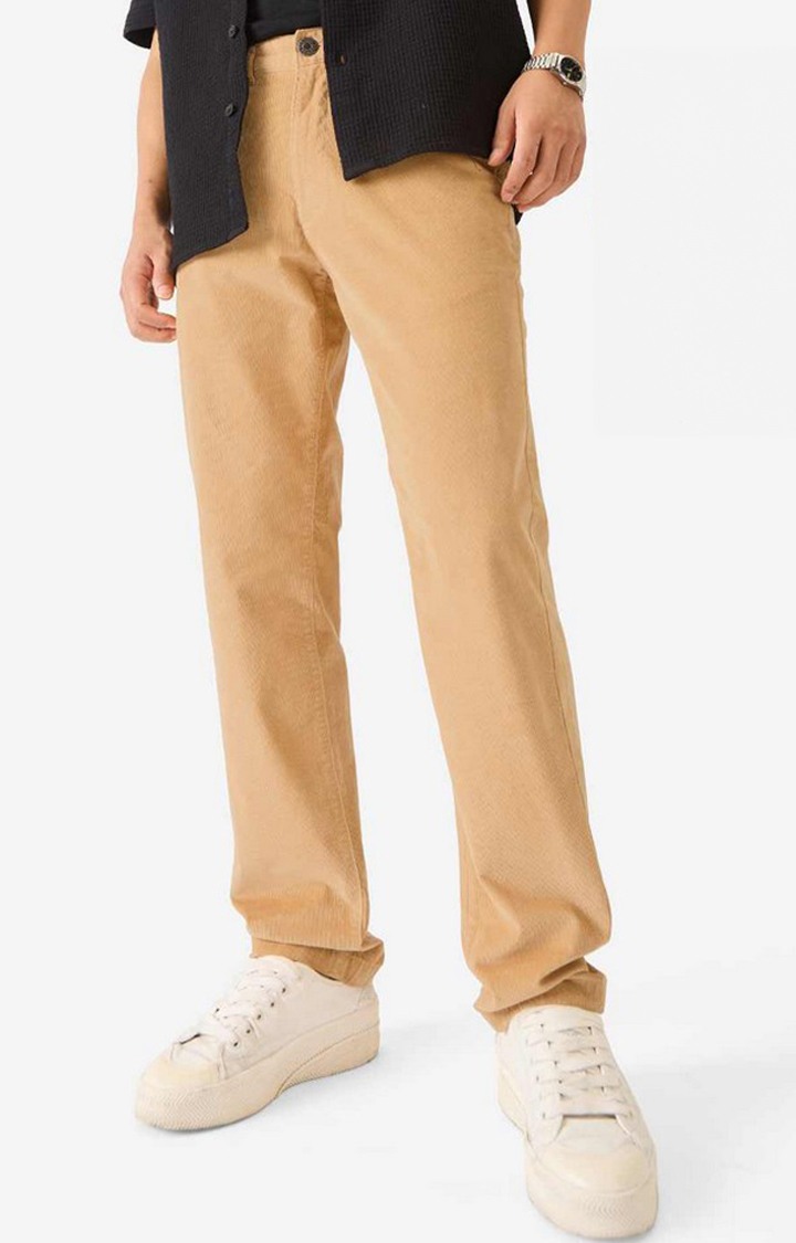 Men's Orange Cotton Blend Solid Regular Jeans