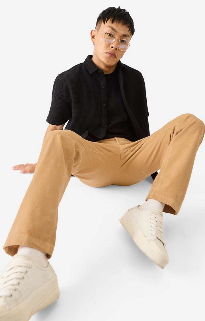 Men's Orange Cotton Blend Solid Regular Jeans