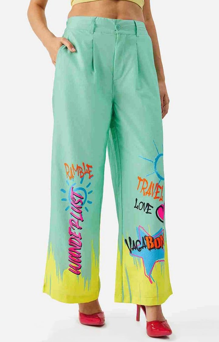 Women's Green Polyester Printed Casual Pants