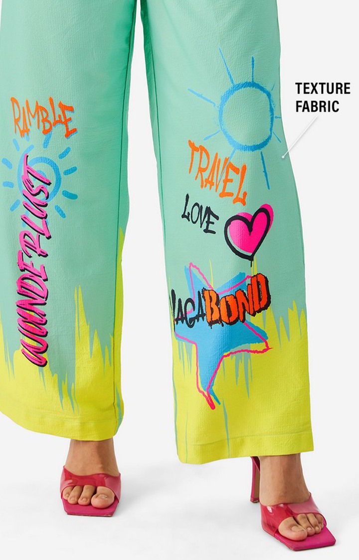 Women's Green Polyester Printed Casual Pants