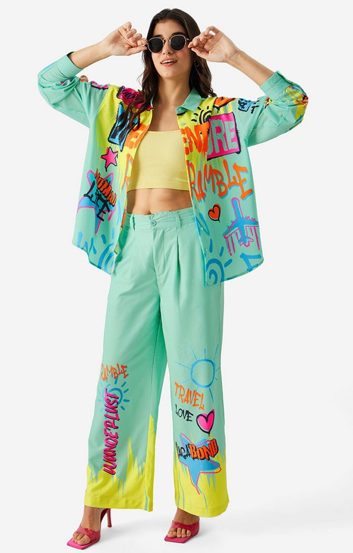 Women's Green Polyester Printed Casual Pants