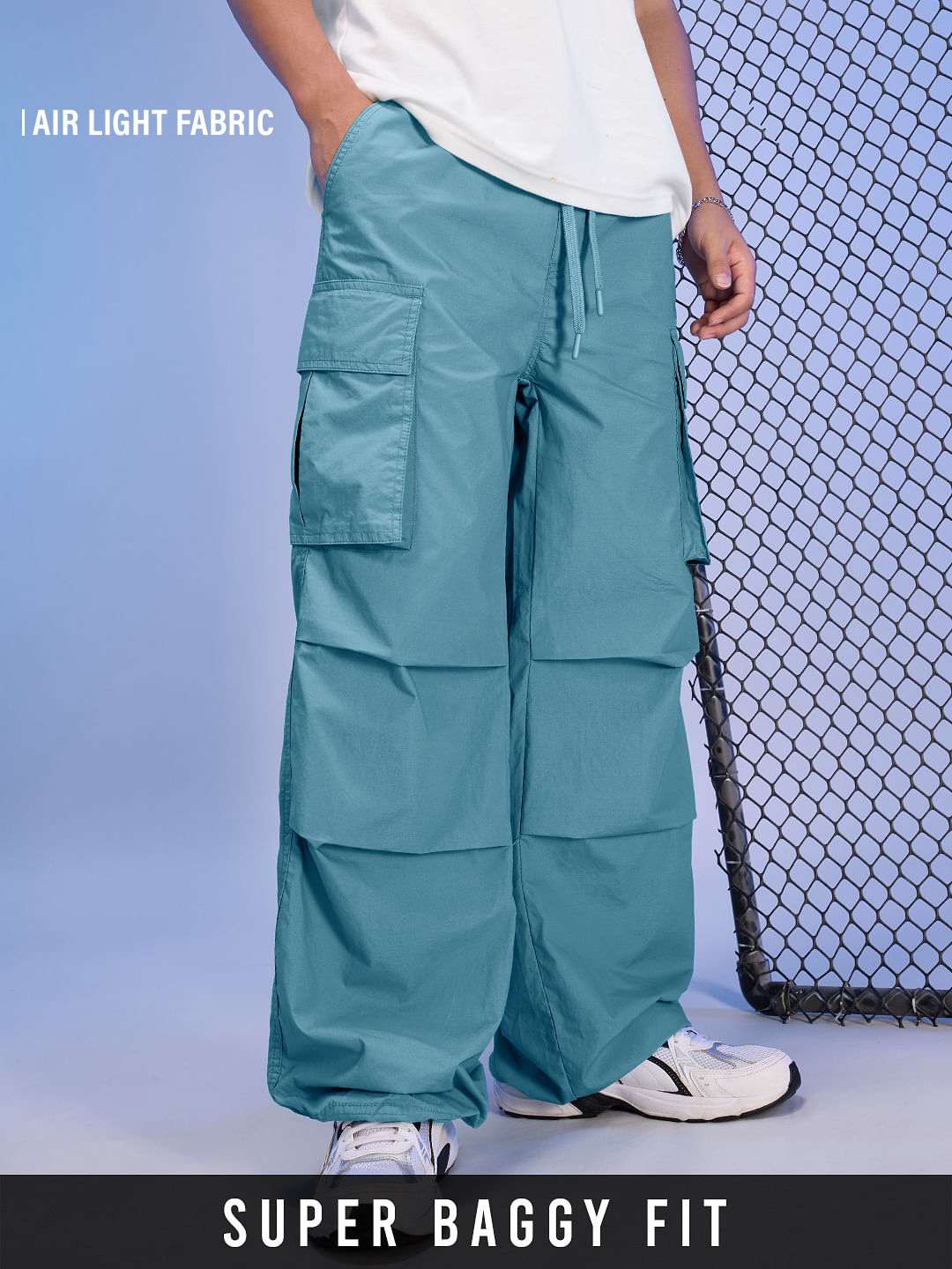 Men's Blue Cotton Solid Parachute Pants