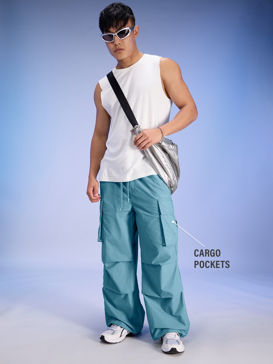 Men's Blue Cotton Solid Parachute Pants