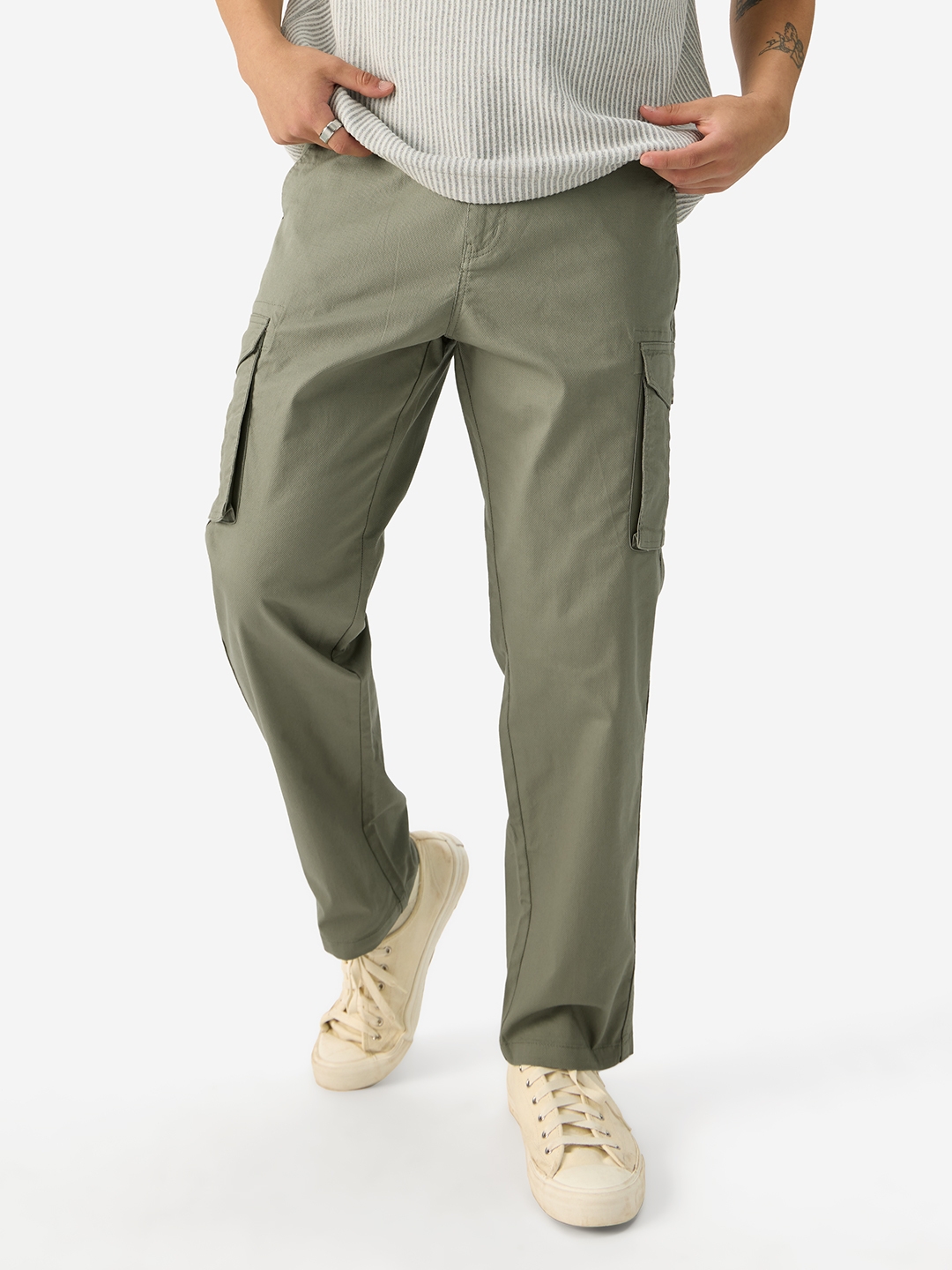 The Souled Store | Men's Solids Light Olive Cargo Pants