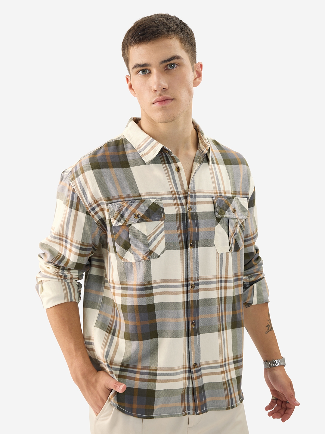 The Souled Store | Men's Cream, Green Utility Casual Shirt