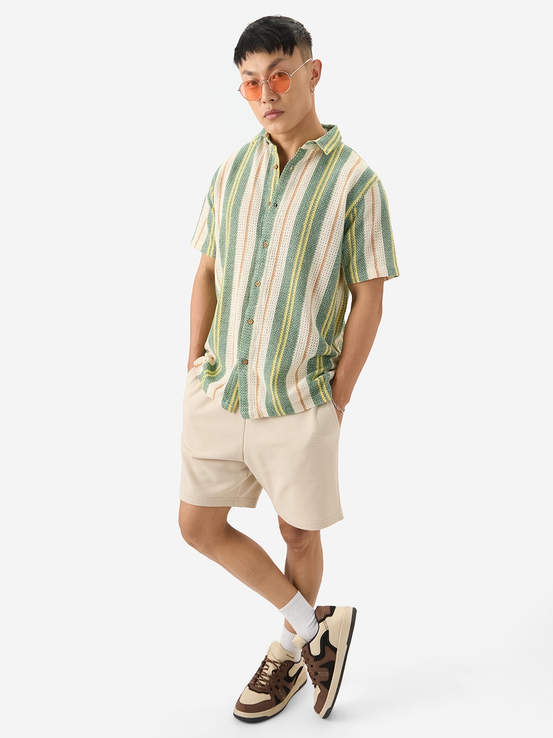Men's Stripes Green, White, Yellow Half Sleeve Casual Shirt