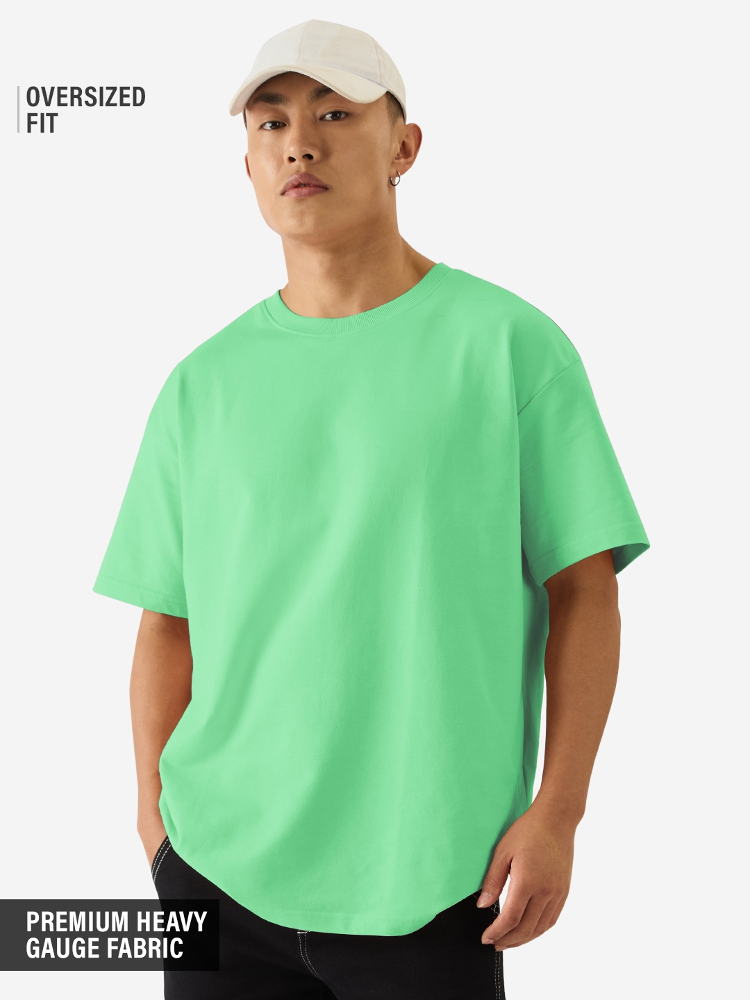 The Souled Store | Men's Solids Spring Bud Green Oversized T-Shirts