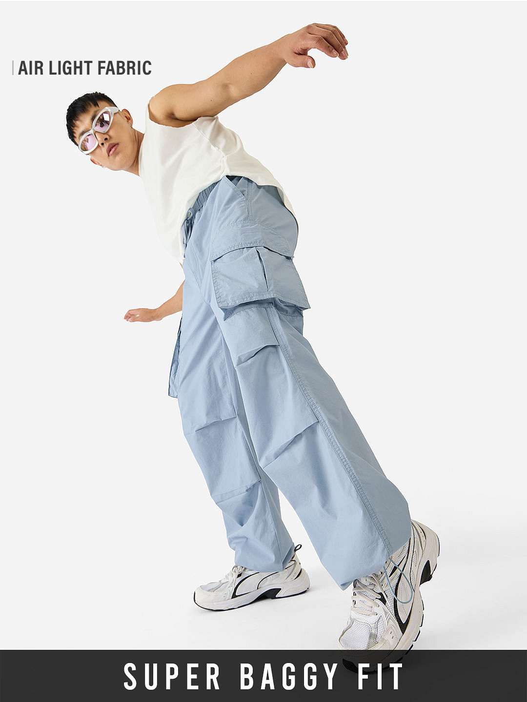 Men's Faded Blue Cotton Solid Parachute Pants