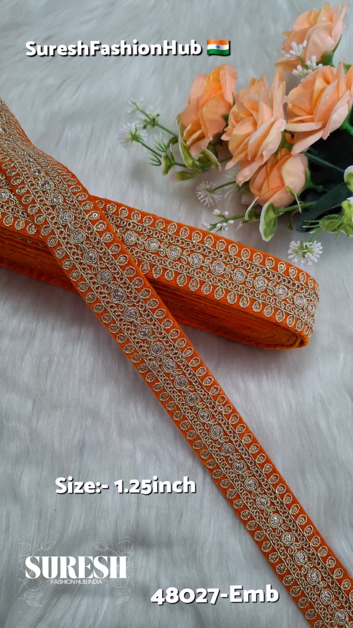 Orange Floral Velvet Dori Sequin Lace – 48027-Emb