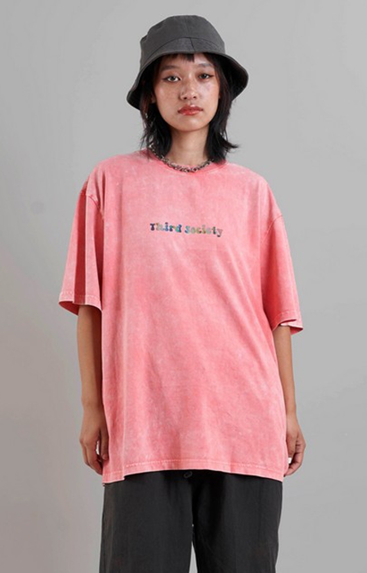 THIRD SOCIETY | Unisex Washed Marshmallow Pink Printed Oversized T-Shirt