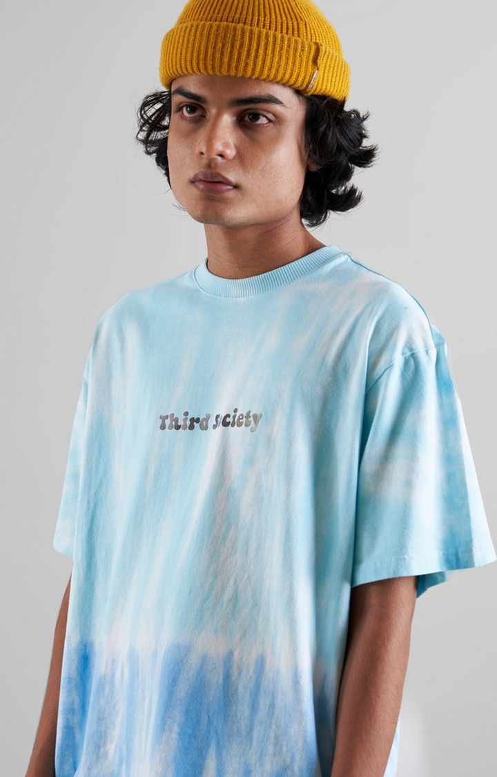 THIRD SOCIETY | Unisex Tie Dye Sky Blue Printed Cotton Oversized T-Shirt
