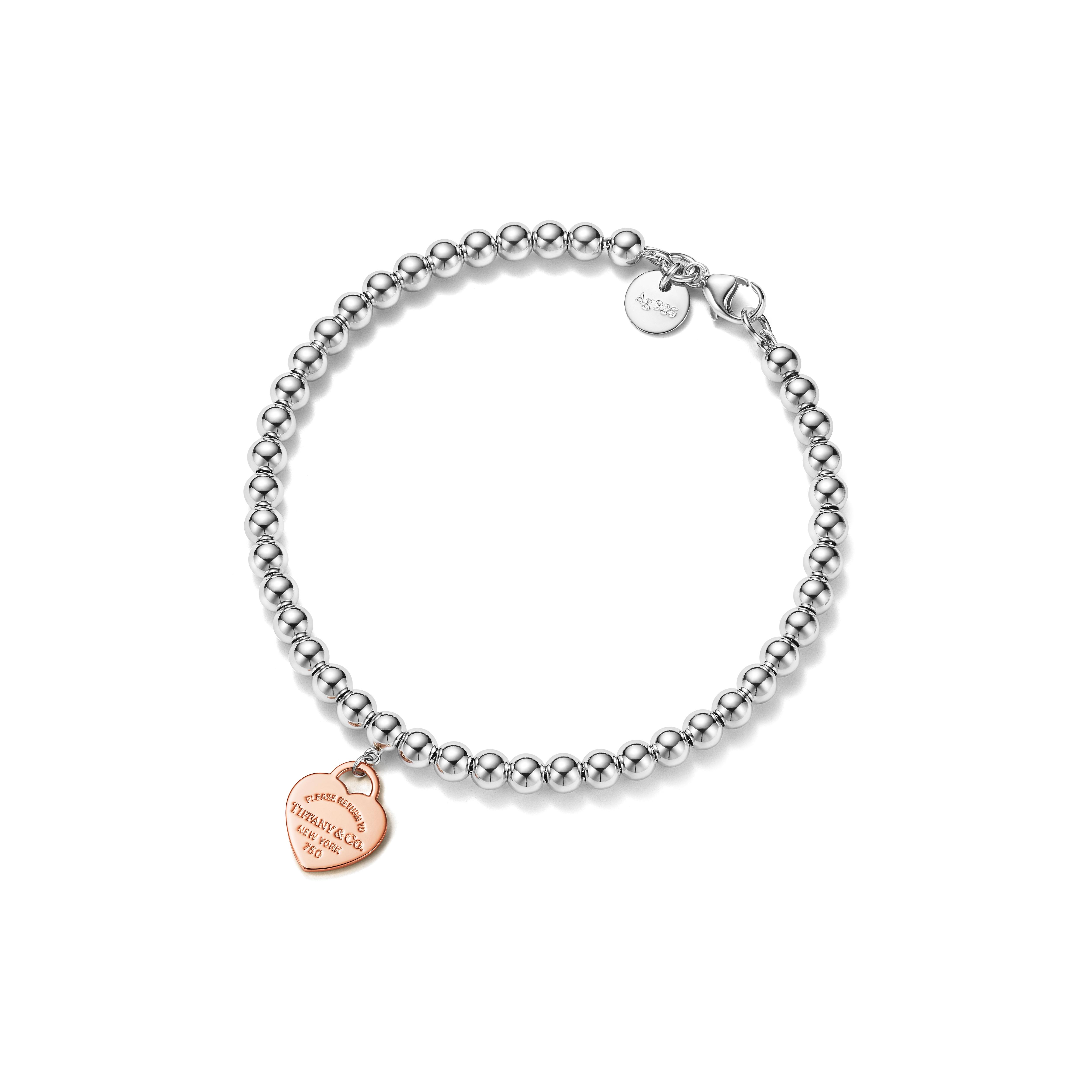 Return to Tiffany™:Heart Tag Bead Bracelet:in Sterling Silver and Rose Gold, 4 mm