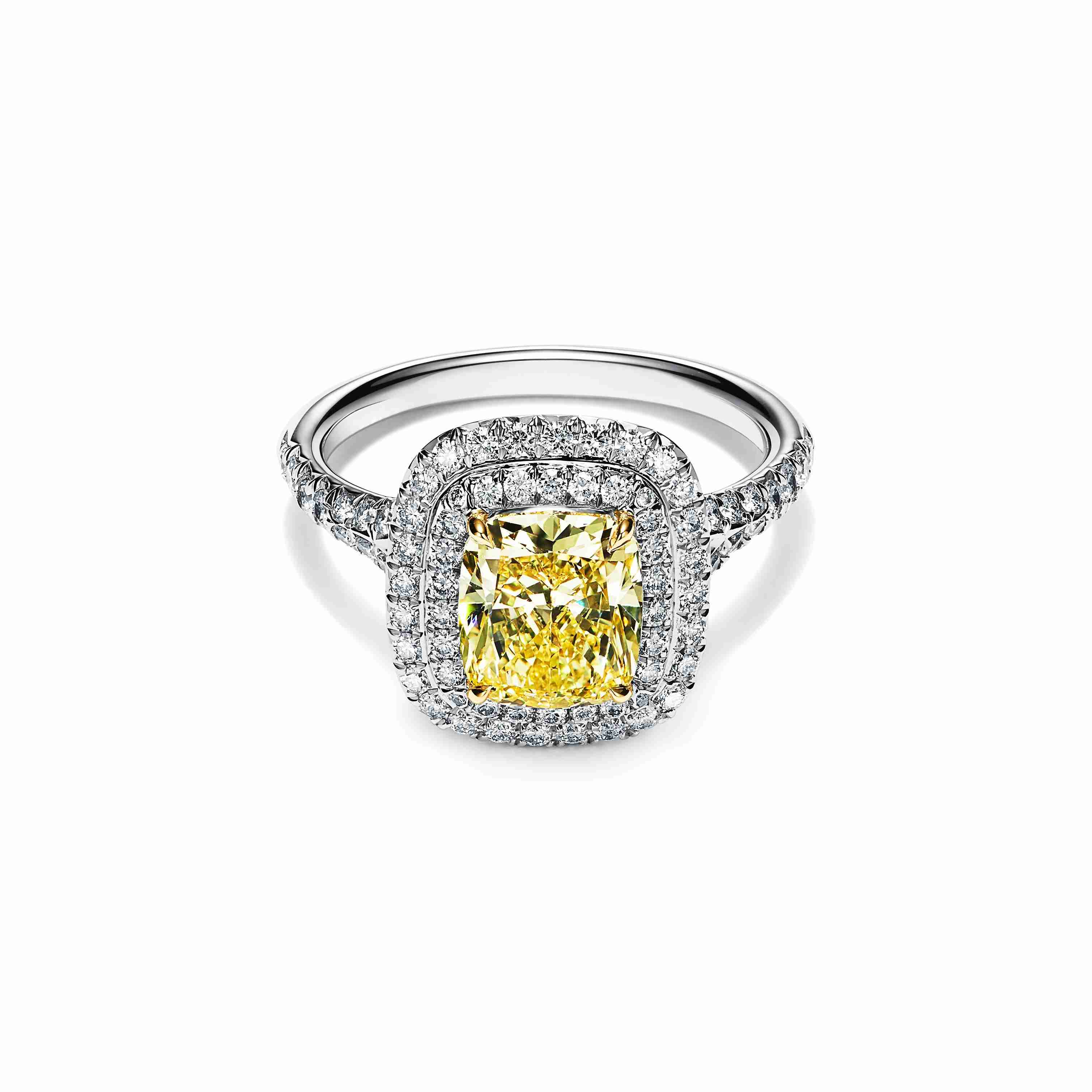 Tiffany Soleste® : Cushion-cut Yellow Diamond Halo Engagement Ring in Platinum