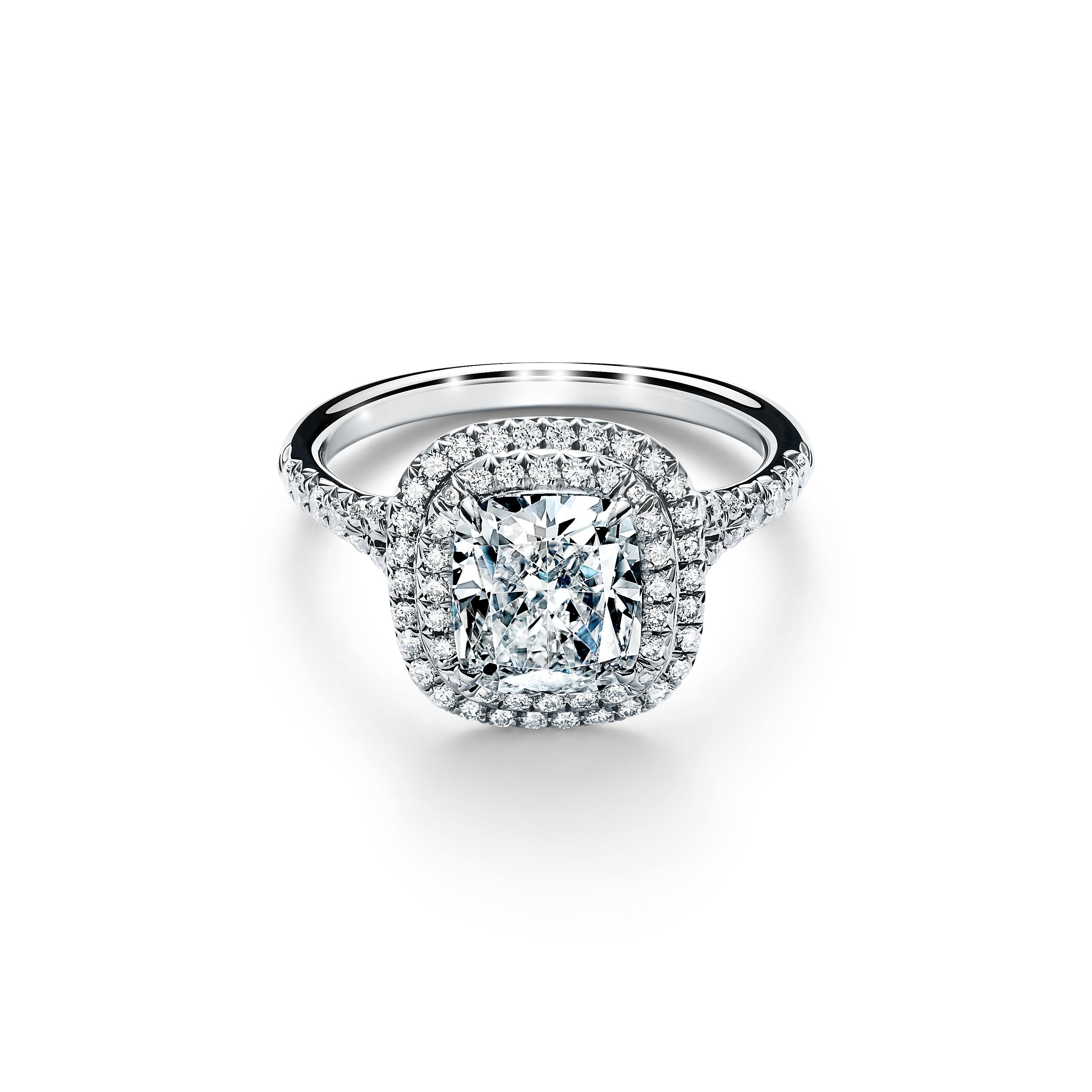 Tiffany Soleste Cushion-cut Double Halo Engagement Ring with a Diamond Platinum Band