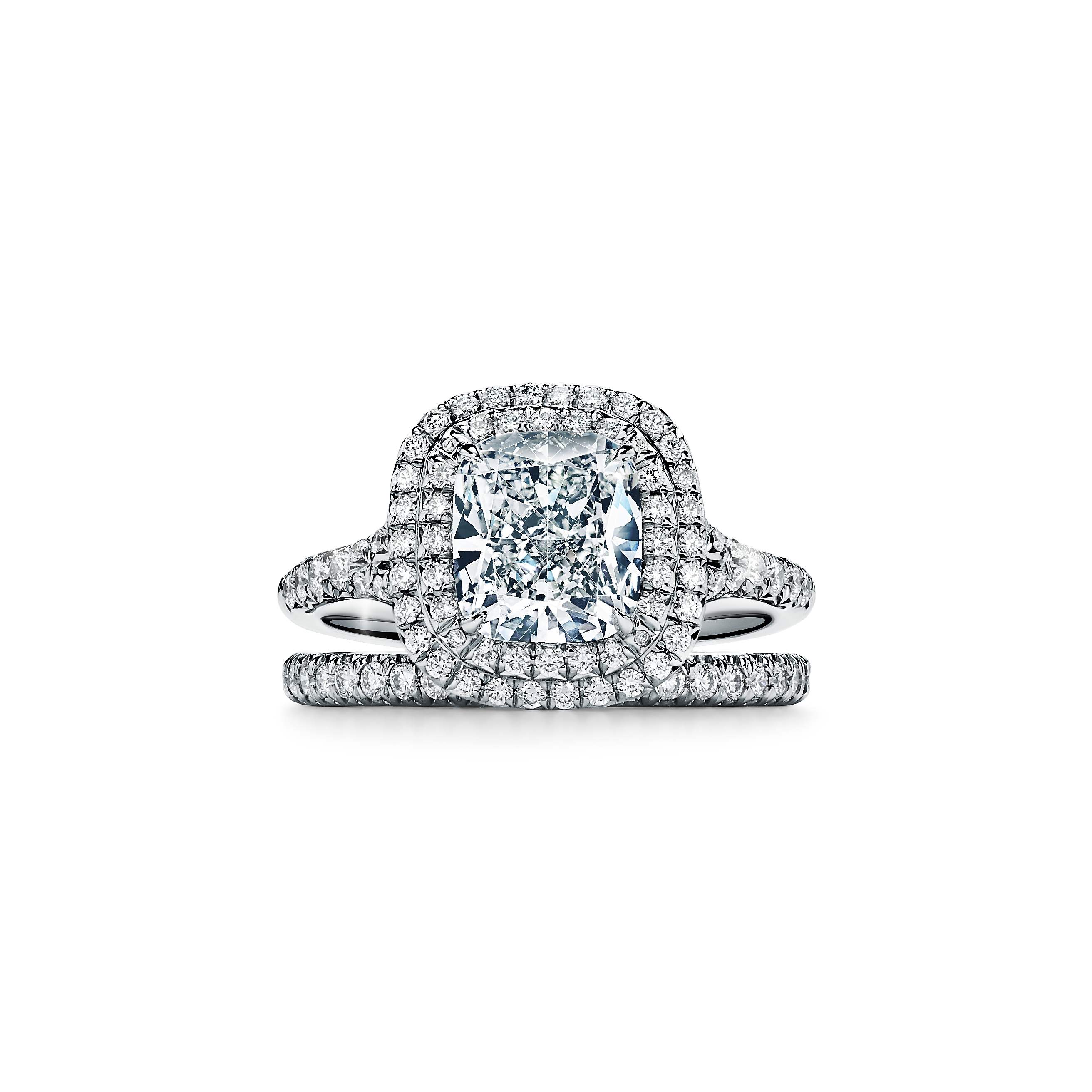Tiffany Soleste Cushion-cut Double Halo Engagement Ring with a Diamond Platinum Band