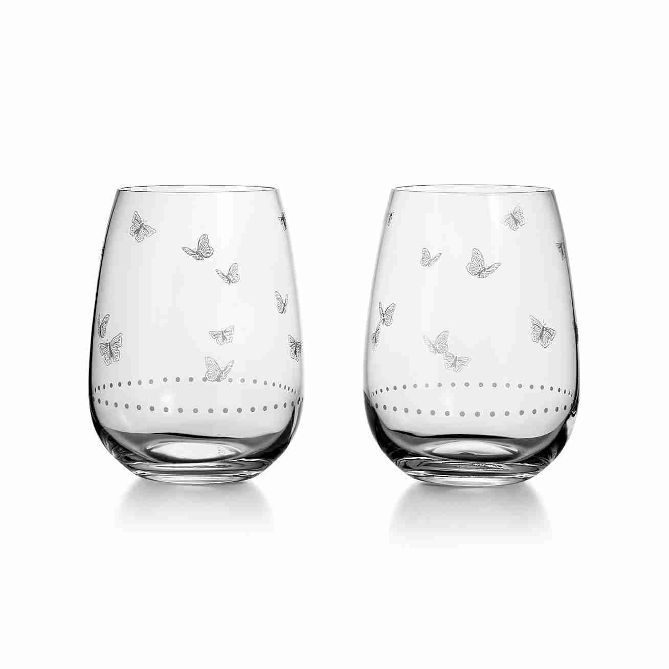 Tiffany Jardin :  Stemless White Wine Glasses in Etched Glass, Set of Two