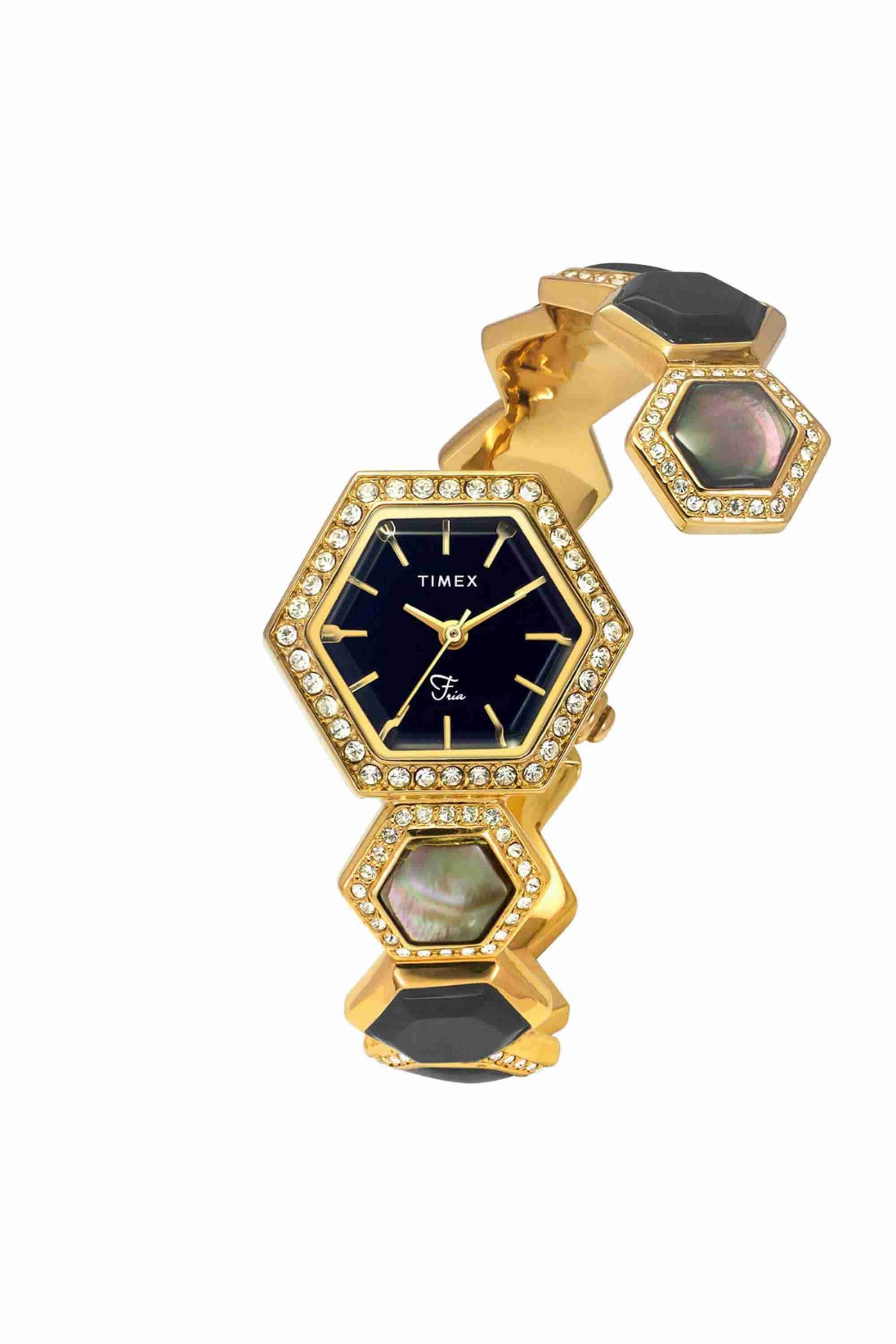 Fria 26.25 mm Quartz Analogue Watch For Women - Black Dial with Gold Brass Strap (TWEL17900)