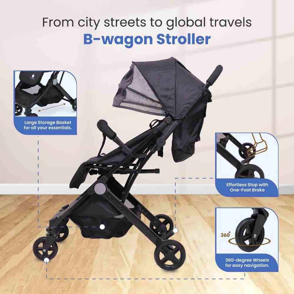 Tinyberg B-Wagon - Light Weight Travel Friendly Stroller with One Hand Fold, Multiple Recline Positions, Free Fan - Black