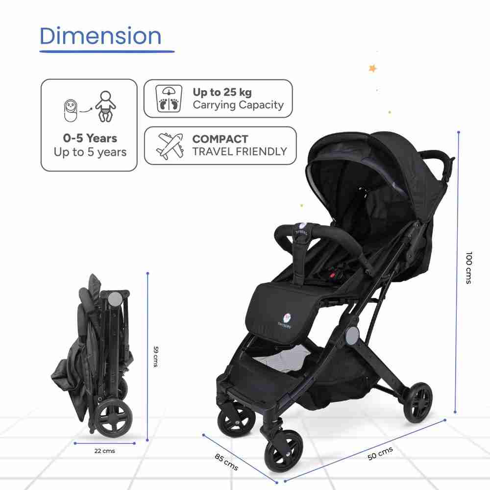 Tinyberg B-Wagon - Light Weight Travel Friendly Stroller with One Hand Fold, Multiple Recline Positions, Free Fan - Black
