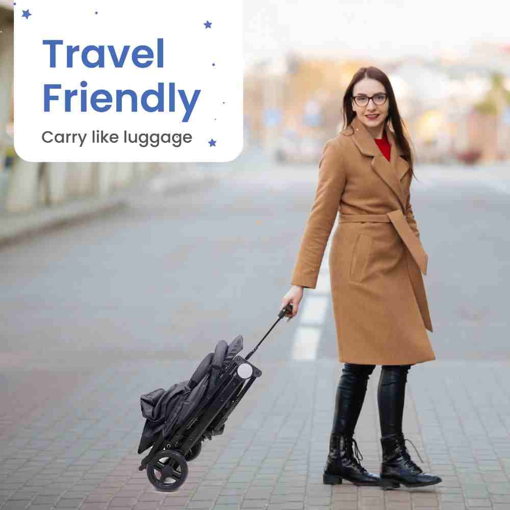 Tinyberg B-Wagon - Light Weight Travel Friendly Stroller with One Hand Fold, Multiple Recline Positions, Free Fan - Black