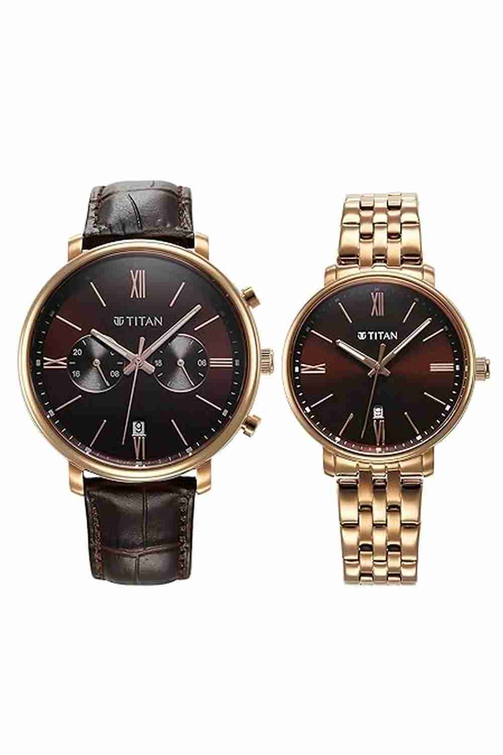 Bandhan Couple's Quartz Analogue Watch - Brown Dial With Brown Leather and Rose Gold Stainless Steel Strap (NT9400794207WZ02)