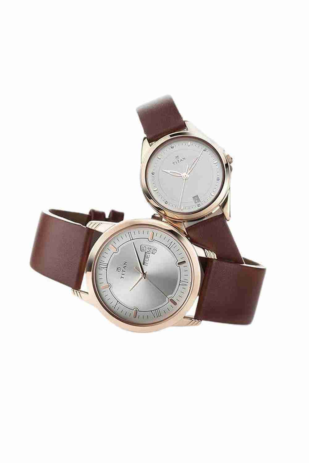 Bandhan Couple's 40.4 mm and 32.4 mm Analogue Quartz Watch - Silver Dial With Brown Leather Strap (NT17742565WL01)